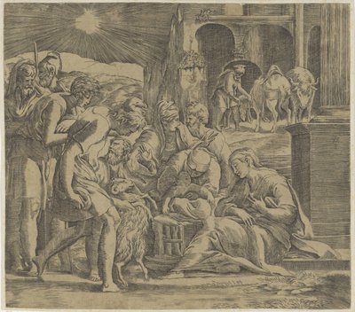 Aanbidding door de herders door Giovanni Jacopo Caraglio