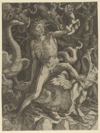 Furie gepersonifieerd als een oude man rijdend op een monster, met een schedel in zijn linkerhand door Giovanni Jacopo Caraglio