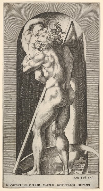 Saturnus in een nis die zijn zoon verslindt, staand voor een zeis, uit een serie door Giovanni Jacopo Caraglio