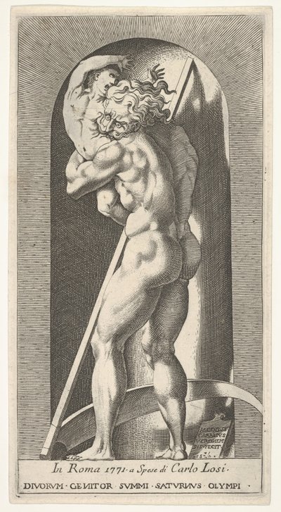 Plaat 1: Saturnus in een nis die zijn zoon verslindt, staand voor een zeis, uit een serie van m..., 1526 door Giovanni Jacopo Caraglio