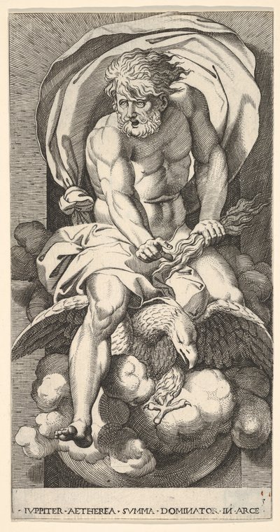 Plaat 3: Jupiter die uit een nis tevoorschijn komt, rijdend op een adelaar en een bliksemschicht vasthoudend, 1526 door Giovanni Jacopo Caraglio