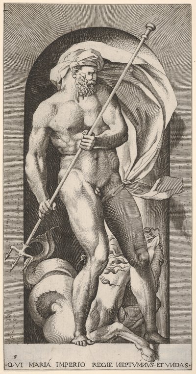 Neptunus staand in een nis met een drietand, met een hippocampus zeepaard door Giovanni Jacopo Caraglio