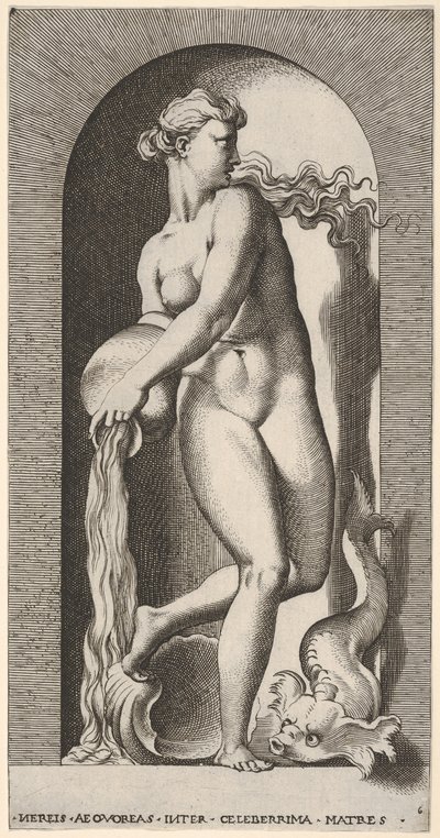 Plaat 6: Thetis staand in een nis met een schelp en zeedier, water uitgietend... door Giovanni Jacopo Caraglio