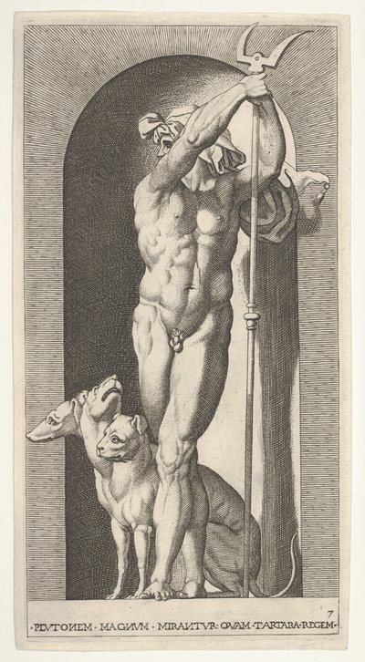Plaat 7: Pluto in een nis, met een tweetand, met Cerberus naast hem, uit een serie van m..., 1526 door Giovanni Jacopo Caraglio