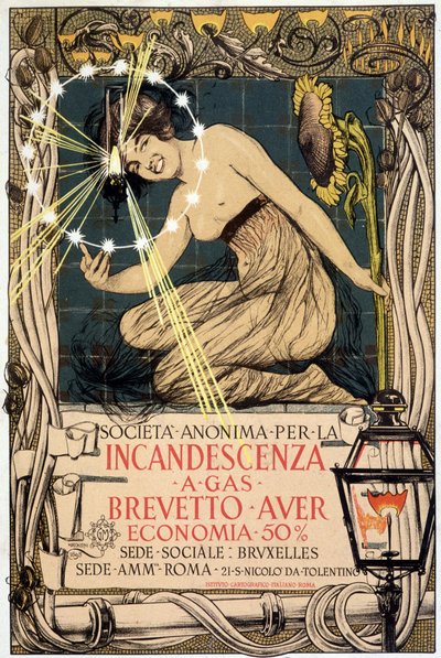 Reclame voor gasgloeilamp, door Mataloni, Italië door Giovanni Maria Mataloni