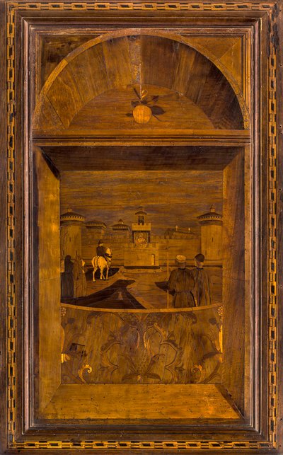 Lignaean Canonical Choir, Ingelegd door Giovanni Maria Platina 1484, Bovenste Stallo, Uitzicht op het Sforzesco-kasteel van Milaan door Giovanni Maria Platina