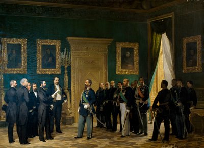 Victor Emmanuel II ontvangt Toscaanse vertegenwoordigers met het decreet van annexatie aan het Koninkrijk Italië door Giovanni Mochi
