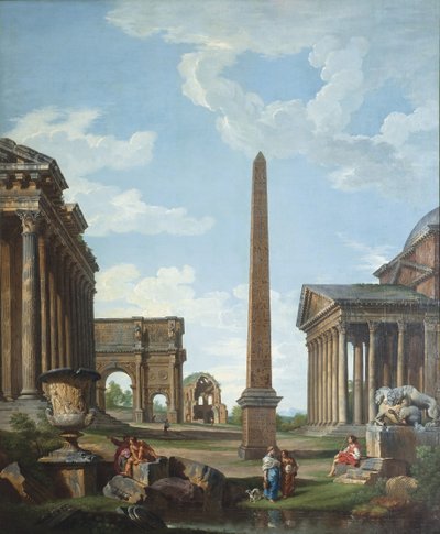 Een capriccio met Romeinse ruïnes en een scène uit het leven van Belisarius door Giovanni Paolo Pannini