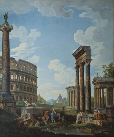 Een capriccio met figuren tussen Romeinse ruïnes inclusief de Boog van Constantijn en het Pantheon door Giovanni Paolo Pannini