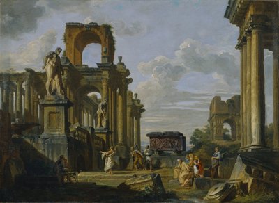 Architectonische Capriccio van het Romeinse Forum met Filosofen en Soldaten tussen Oude Ruïnes door Giovanni Paolo Pannini