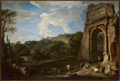 Landschap met de boog van Titus door Giovanni Paolo Pannini