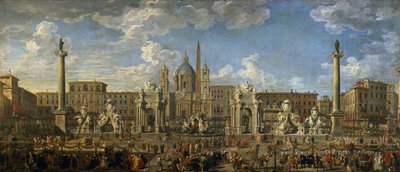 Voorbereiding voor het vuurwerk op Piazza Navona, Rome, ter viering van de geboorte van de Dauphin, 1729 door Giovanni Paolo Pannini