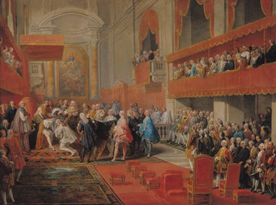 Overhandiging van de Orde van de Heilige Geest aan Prins Vaini door Paul-Hippolyte de Beauvillers (1684-1776) Hertog van Saint-Aignan in 1732, c.1752 door Giovanni Paolo Pannini