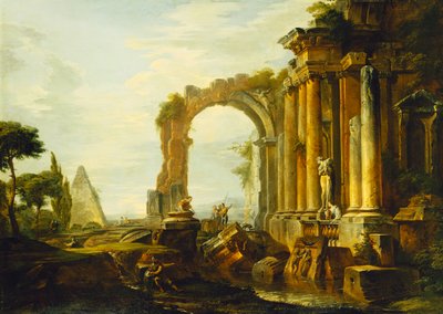 Een Capriccio van Klassieke Ruïnes met de Piramide van Cestius en Figuren in een Landschap door Giovanni Paolo Pannini
