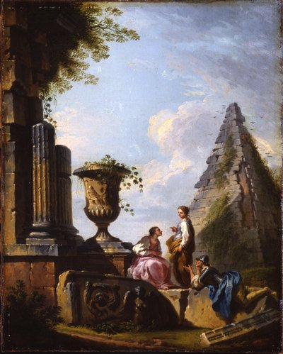 Capriccio van klassieke ruïnes met filosoferende filosofen door Giovanni Paolo Pannini
