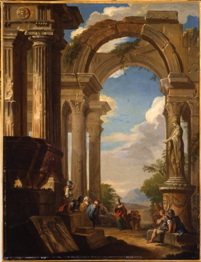 Capricci van Romeinse ruïnes met figuren door Giovanni Paolo Pannini