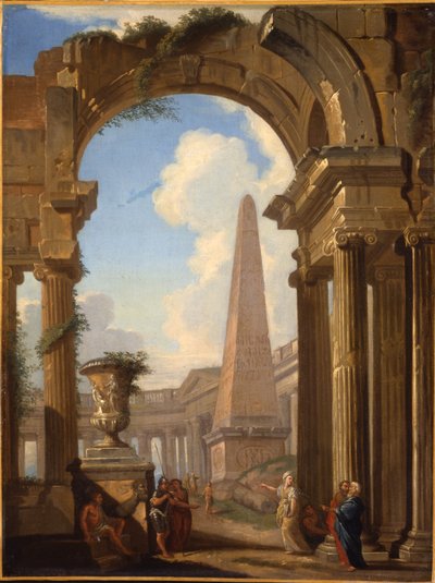 Capriccio van Romeinse ruïnes met figuren door Giovanni Paolo Pannini