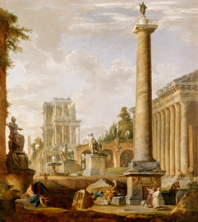 Capriccio van Romeinse ruïnes met de Zuil van Trajanus door Giovanni Paolo Pannini