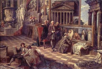 Detail van interieur van een denkbeeldige schilderijengalerij door Giovanni Paolo Pannini