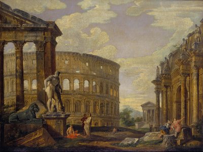 Landschap met Hercules en ruïnes van het oude Rome door Giovanni Paolo Pannini