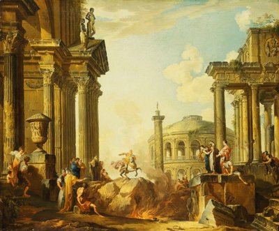 Marcus Curtius springt in de kloof, een capriccio met de zuil van Trajanus en andere klassieke gebouwen op de achtergrond door Giovanni Paolo Pannini
