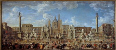 Voorbereidingen voor het vuurwerk en de versieringen van het feest op 30 november door Giovanni Paolo Pannini
