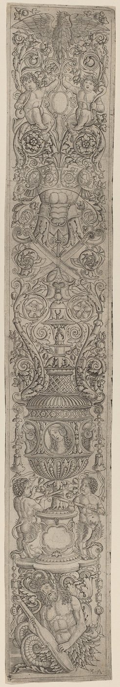 Ornamentpaneel: Triton en twee jonge saters door Giovanni Pietro Birago and Zoan Andrea