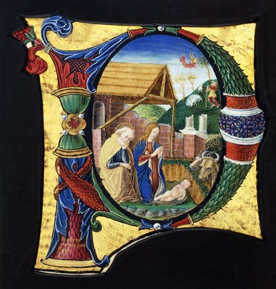 Een grote gehistorieerde initiaal "P", met een Geboortetafereel, c.1490 door Giovanni Pietro Medici Da Crema