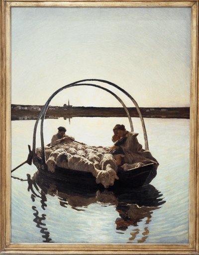 Ave Maria: Een moeder die haar kind vasthoudt met een kudde schapen op een veerboot die een rivier oversteekt door Giovanni Segantini