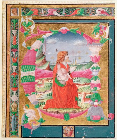 Geïllustreerde initiaal letter E met een knielende figuur van Koning David, 1482-83 door Giovanni and Cicognara, Antonio Gadio