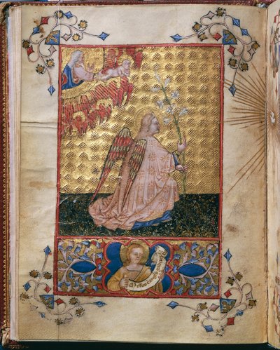Italië, Annunciatie: de Engel met een lelie, miniatuur door Giovanni di Benedetto da Como, uit Officium Beatae Mariae Virginis door Alberto de Porcelis door Giovanni di Benedetto da Como