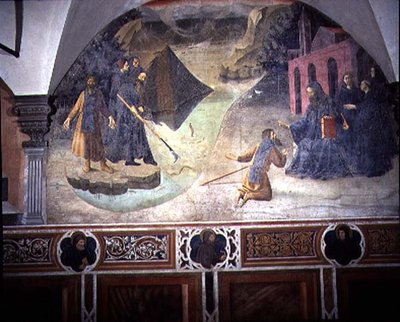 St. Benedict die de Bijl van de Houthakker uit het Meer Haalt, (detail) door Giovanni di Consalvo (attr. to)