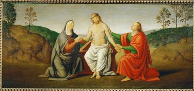De dode Christus ondersteund door de Maagd Maria en de apostel Johannes ... door Giovanni di Pietro (c.1450 1529) (studio of)