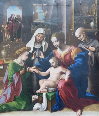 Het mystieke huwelijk van de heilige Catharina van Alexandrië en de heiligen Catharina en Bernardino van Siena door Girolamo Genga