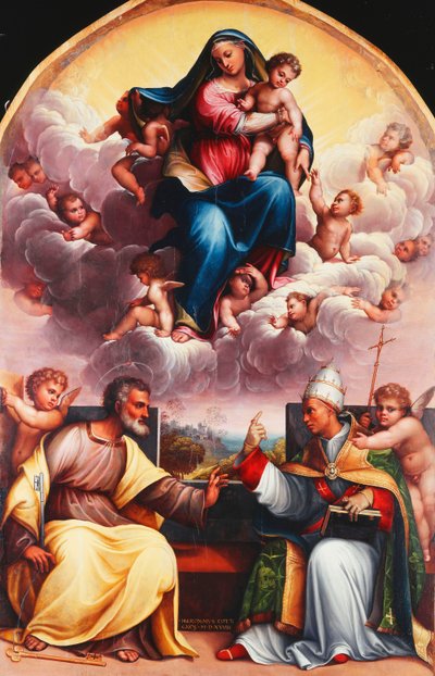 De Madonna en Kind in glorie met heiligen Petrus en Gregorius de Grote in discussie en engelen door Girolamo Marchesi da Cotignola