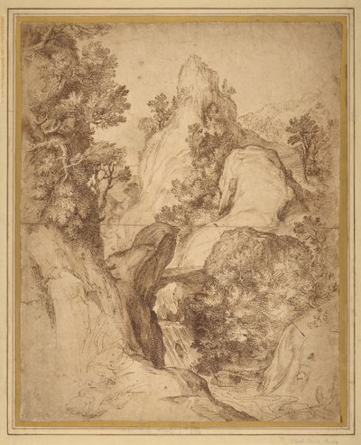 Rotsachtig landschap met een waterval door Girolamo Muziano