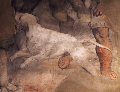 Afbeelding van hond, detail uit fresco door Girolamo Romanino, Kerk van Sint Antonius, Breno, Italië door Girolamo Romanino