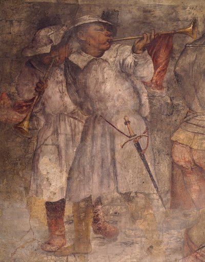 Man die trompet speelt, (detail) van fresco door Girolamo Romanino, Sint Antoniuskerk, Breno, Italië door Girolamo Romanino