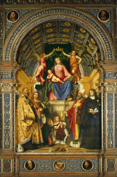 Altaarstuk van Sint Justina: Madonna op de troon met Heiligen Benedictus, Justina, Prosdocimo en Scholastica, door Girolamo Romanino door Girolamo Romanino