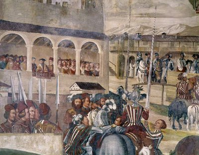 Toernooi ter Ere van Christiaan I van Denemarken bij Castello di Malpaga, detail van de linkerzijde, 1520-30 door Girolamo Romanino