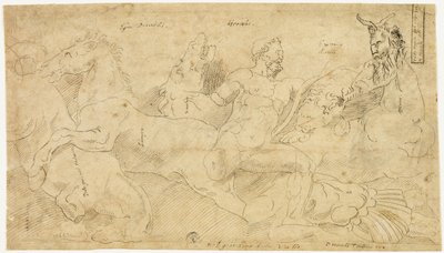 Oud reliëf met Hercules en de merries van Diomedes (recto); twee schetsen: Gedrapeerde sater en gevleugelde vrouwenfiguur (verso) door Girolamo da Carpi