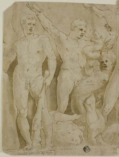 Oud sarcofaag reliëf met de werken van Hercules door Girolamo da Carpi