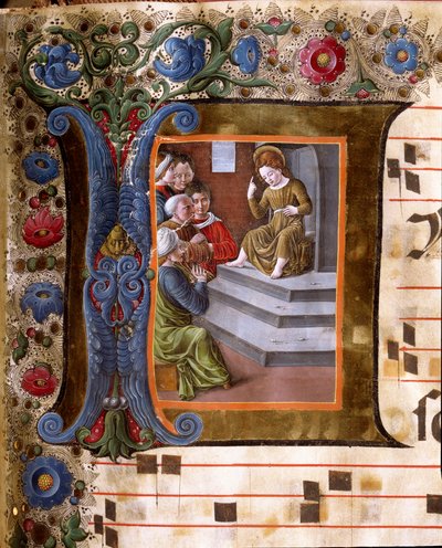 Versierde initiaal met afbeelding van het Christuskind en de dokters door Girolamo da Cremona
