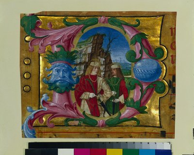 Gehistoriseerde initiaal D uitgesneden uit een koorboek: Twee martelarenheiligen door Girolamo dai Libri
