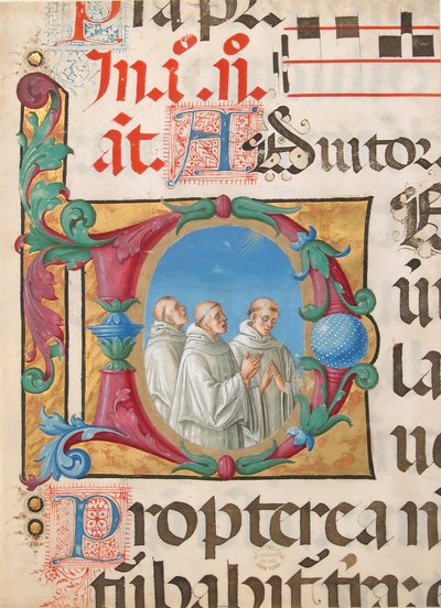 Manuscriptverlichting met zingende monniken in een initiaal D, uit een psalter, Italiaans, 1501-2 door Girolamo dai Libri