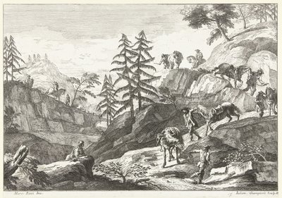 Berglandschap met ruiters die paarden bergaf leiden op pad door Giuliano Giampiccoli