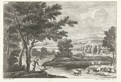 Landschap met herders en vee bij water door Giuliano Giampiccoli