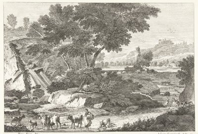 Landschap met herders en vee bij waterval door Giuliano Giampiccoli