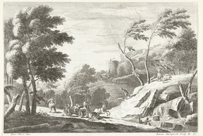 Landschap met onweer en geschrokken dieren bij kleine waterval door Giuliano Giampiccoli