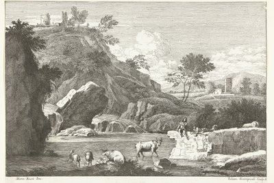 Landschap met twee herders en vee bij water door Giuliano Giampiccoli